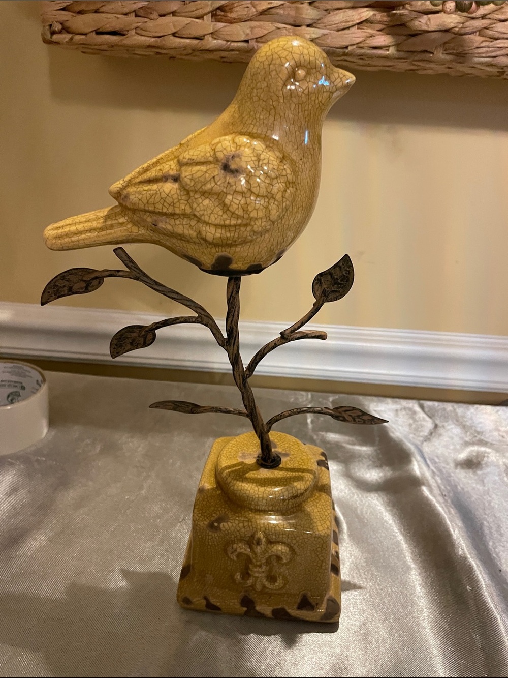 Yellow Ceramic Bird on Metal Branch Home Art Sculpture- Hobby Lobby
